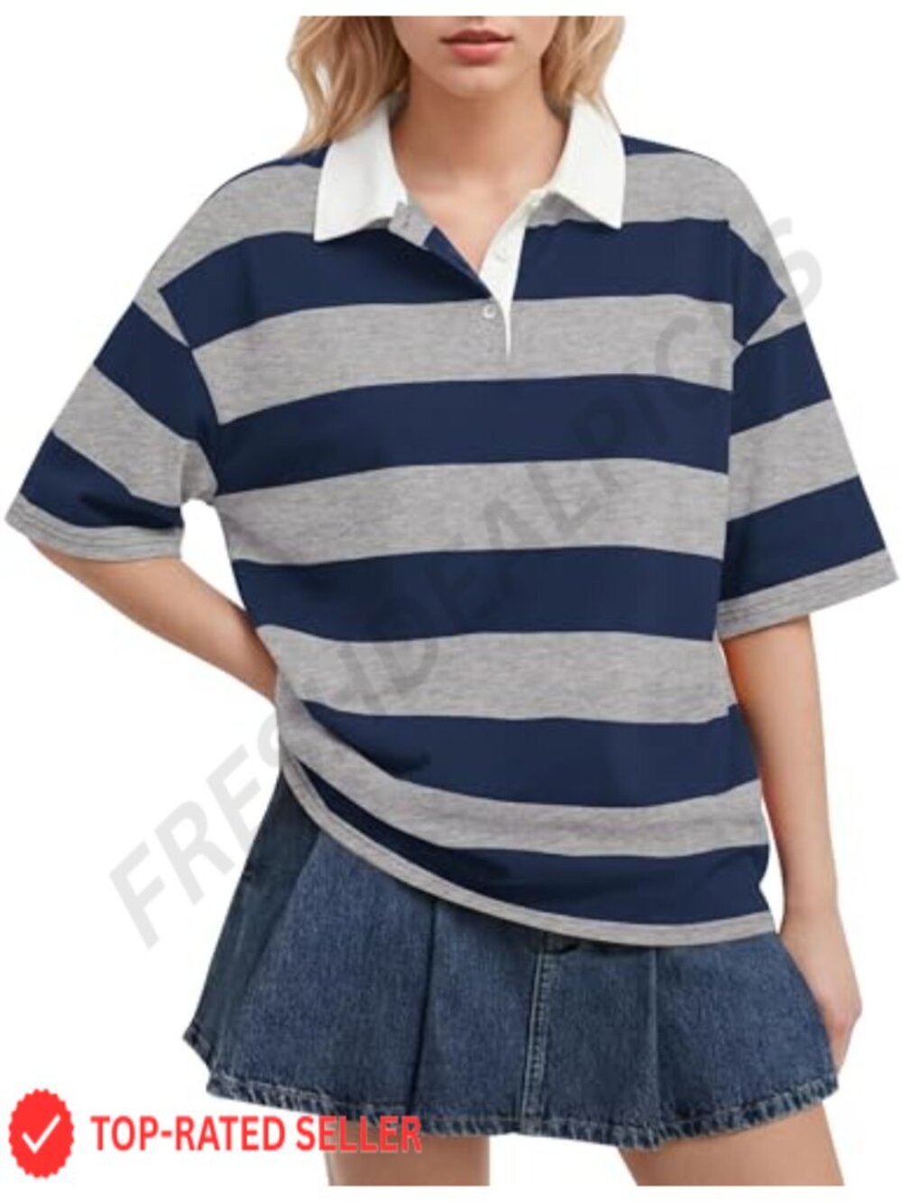 Women Striped Rugby Polo Shirt Short Sleeve Oversized Collared Tee Button Down